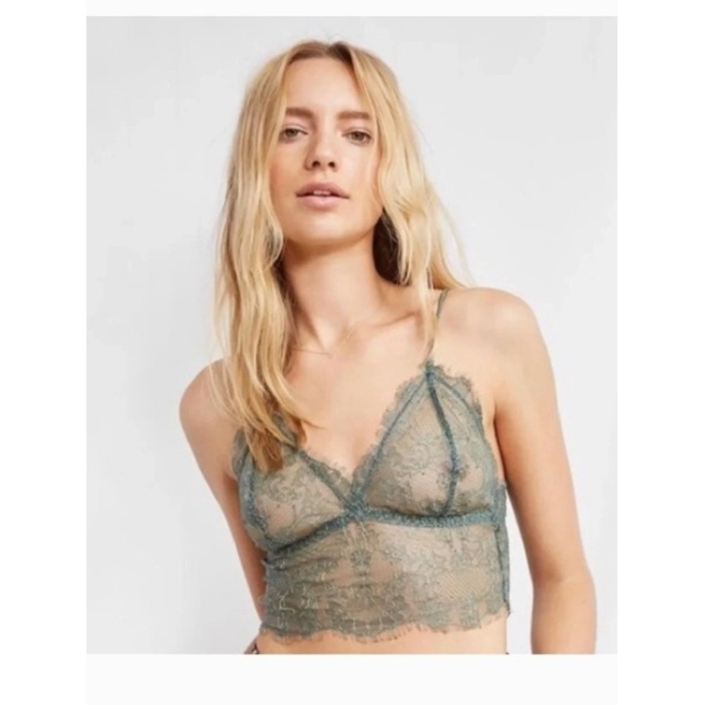 Anine Bing Forest Green Eyelash Lace Longline Bralette Sheer V-Neck Bra